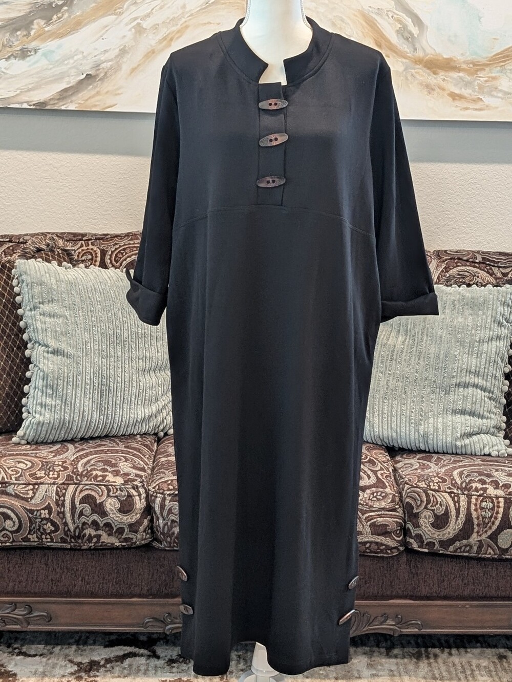 Oversized Black Button Accent Midi Dress